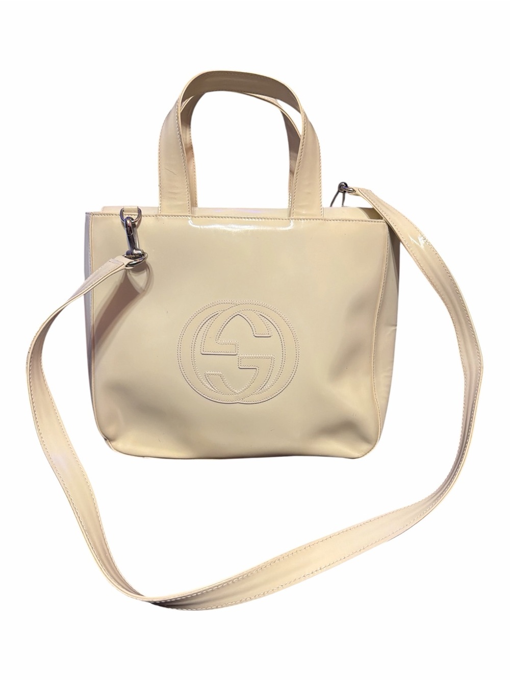 GUCCI Vintage Cream Patent Leather Embossed Interlocking G 2Way Tote 00010130504